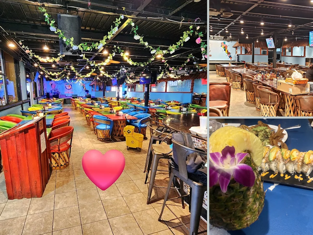 Bustling seafood restaurant interior with table service.