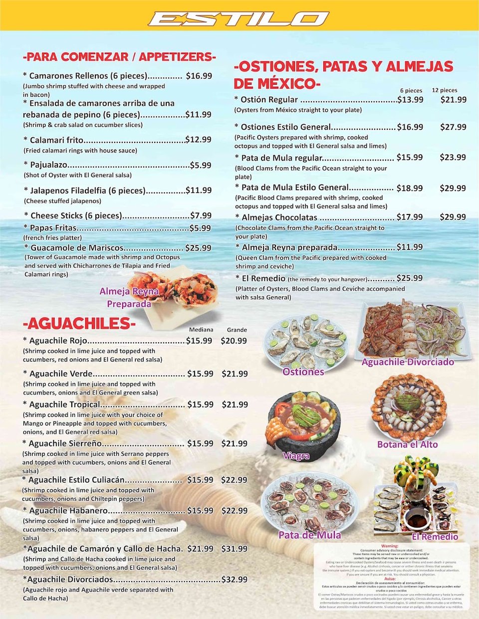 Menu page for seafood, cocktails, and appetizers.