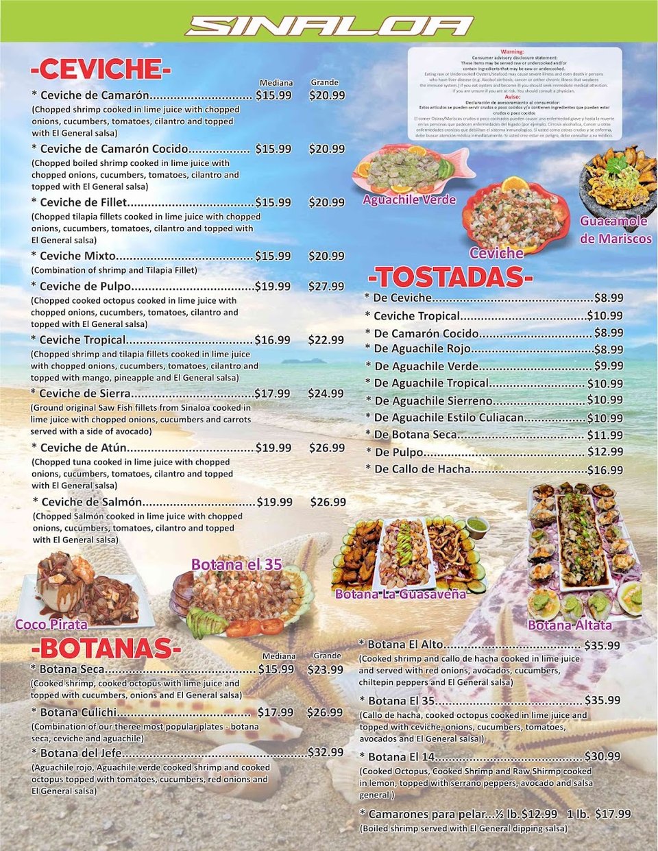 Printed menu showing Mexican seafood selections.